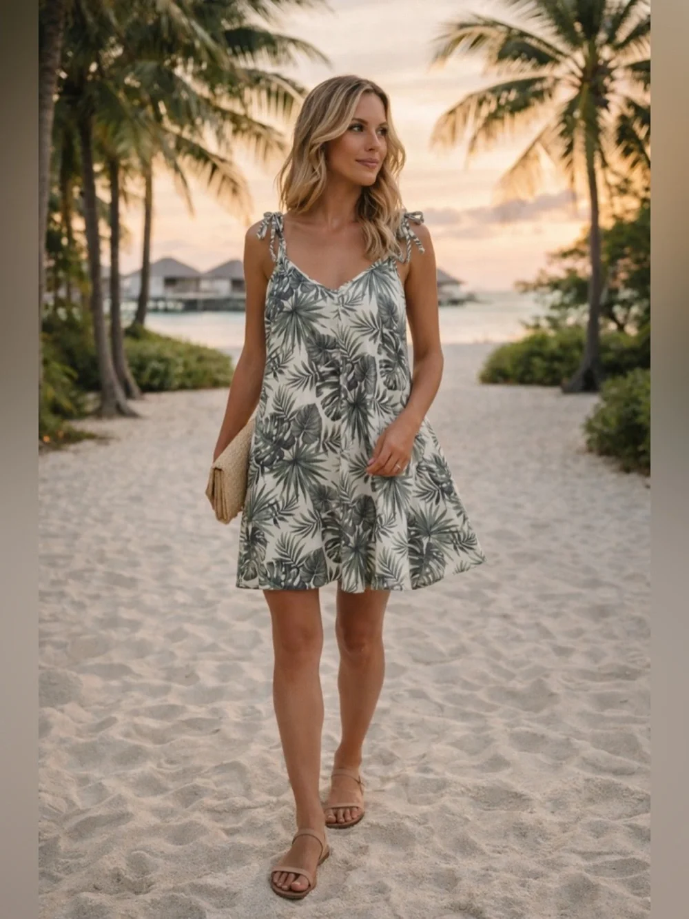 Kismet Tropical Monstera Palm Mini Sundress M | Beachy Tie Strap Summer Resort - Picture 1 of 8